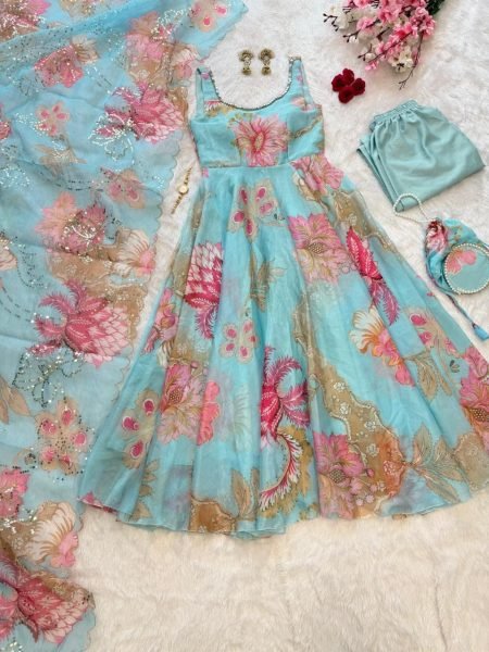 Eye Soothing Sky Blue Gmy Organza Silk Digital Printed Anarkali Suit with Mirror Neck Work Anarkali Kurtis 