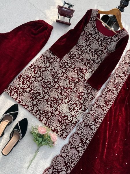 Eye-soothing Viscose Velvet Chinestitch Embroidered Top and Pant with Dupatta for Party Wear at Wholesale Rate  3 Piece Kurti Set