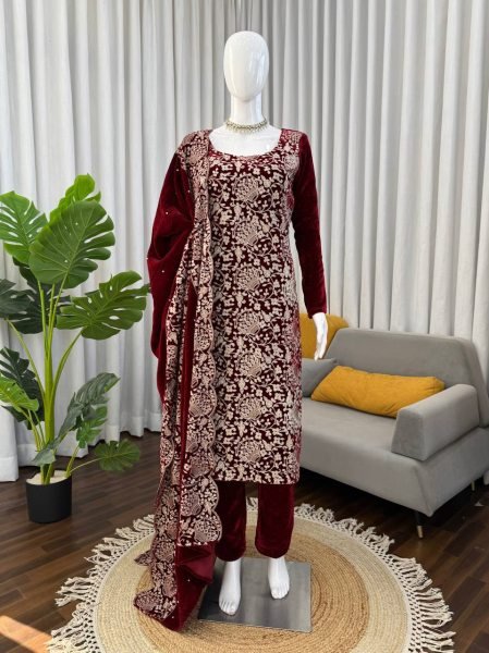 Eye-soothing Viscose Velvet Chinestitch Embroidered Top and Pant with Dupatta for Party Wear at Wholesale Rate  3 Piece Kurti Set