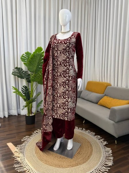 Eye-soothing Viscose Velvet Chinestitch Embroidered Top and Pant with Dupatta for Party Wear at Wholesale Rate  3 Piece Kurti Set