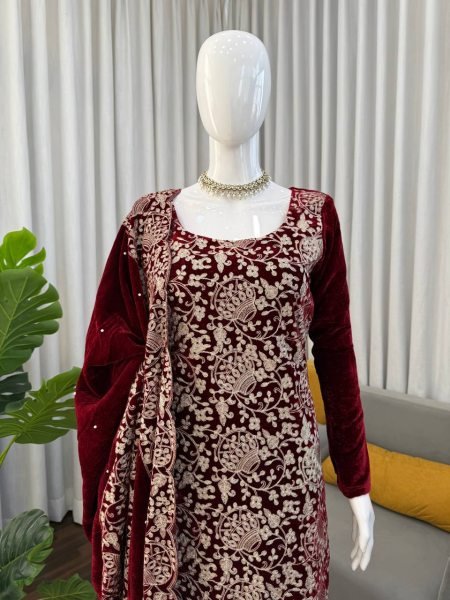 Eye-soothing Viscose Velvet Chinestitch Embroidered Top and Pant with Dupatta for Party Wear at Wholesale Rate  3 Piece Kurti Set