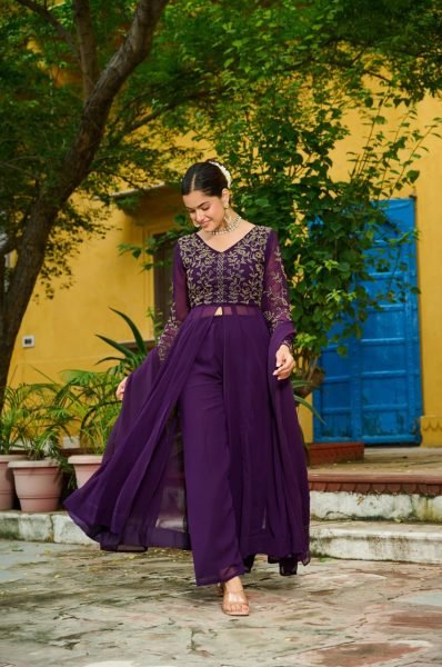  Eye soothing Wine Faux Blooming Multithread Beads Embroidery Suit Set with V Neck Design   Dupatta  at Manufacturer Rate Anarkali Kurtis 