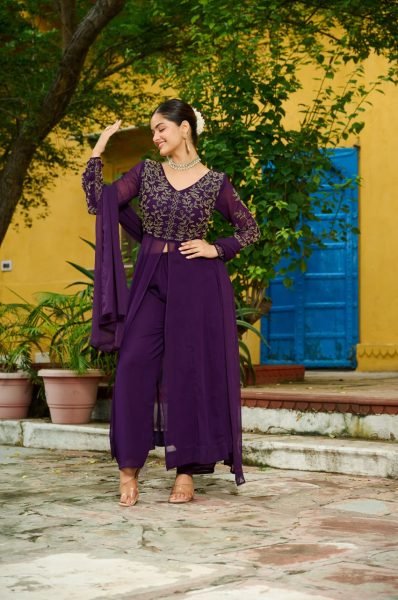  Eye soothing Wine Faux Blooming Multithread Beads Embroidery Suit Set with V Neck Design   Dupatta  at Manufacturer Rate Anarkali Kurtis 