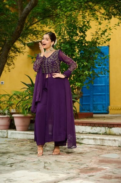  Eye soothing Wine Faux Blooming Multithread Beads Embroidery Suit Set with V Neck Design   Dupatta  at Manufacturer Rate Anarkali Kurtis 