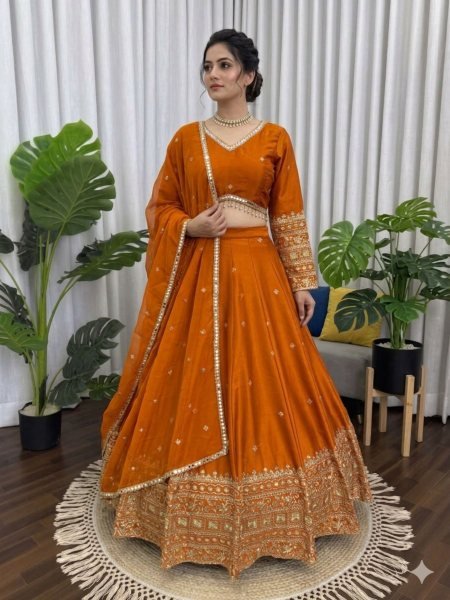 Fabdeal Villa Orange Color Japan Satin Fabric Sequence Work Lehenga Choli   Designer Lehenga Choli