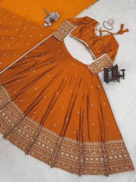 Fabdeal Villa Orange Color Japan Satin Fabric Sequence Work Lehenga Choli   Designer Lehenga Choli