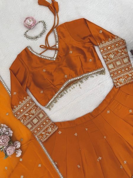 Fabdeal Villa Orange Color Japan Satin Fabric Sequence Work Lehenga Choli   Designer Lehenga Choli