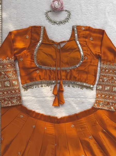 Fabdeal Villa Orange Color Japan Satin Fabric Sequence Work Lehenga Choli   Designer Lehenga Choli