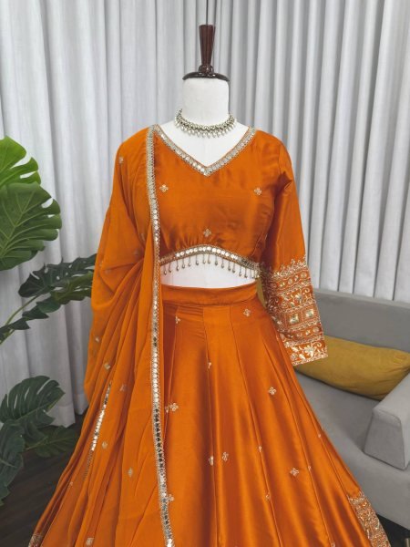 Fabdeal Villa Orange Color Japan Satin Fabric Sequence Work Lehenga Choli   Designer Lehenga Choli
