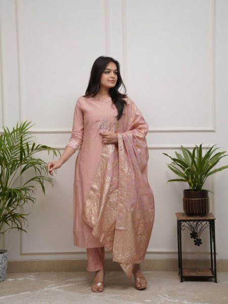Fabulous Peach Ready to Wear Chanderi Kurti Pant Dupatta Set with Three-Quarter Sleeves for Ethnic Wear  3 Piece Kurti Set