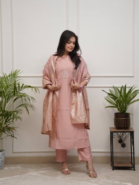 Fabulous Peach Ready to Wear Chanderi Kurti Pant Dupatta Set with Three Quarter Sleeves for Ethnic Wear   Straight Cut Long Kurtis