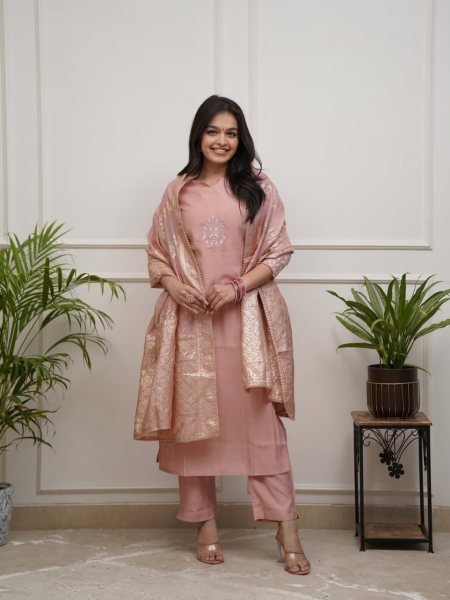 Fabulous Peach Ready to Wear Chanderi Kurti Pant Dupatta Set with Three Quarter Sleeves for Ethnic Wear   Straight Cut Long Kurtis