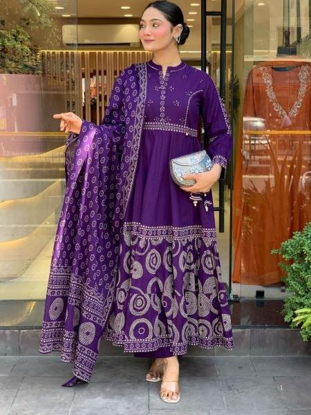 Fabulous Purple Anarkali Muslin Cotton Kurti Set with Embroidery Work and Hand-Printed Dupatta Diwali Collection