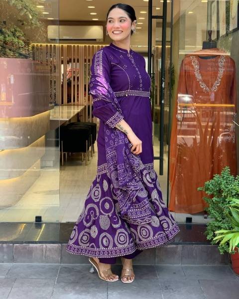 Fabulous Purple Anarkali Muslin Cotton Kurti Set with Embroidery Work and Hand-Printed Dupatta 3 Piece Kurti Set