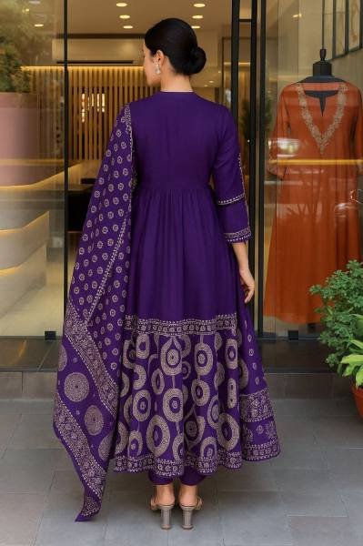 Fabulous Purple Anarkali Muslin Cotton Kurti Set with Embroidery Work and Hand-Printed Dupatta 3 Piece Kurti Set