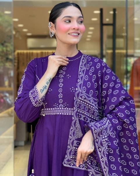 Fabulous Purple Anarkali Muslin Cotton Kurti Set with Embroidery Work and Hand-Printed Dupatta 3 Piece Kurti Set