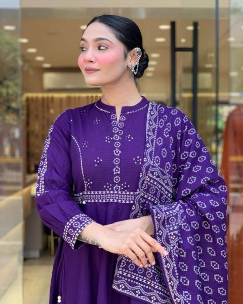 Fabulous Purple Anarkali Muslin Cotton Kurti Set with Embroidery Work and Hand-Printed Dupatta 3 Piece Kurti Set