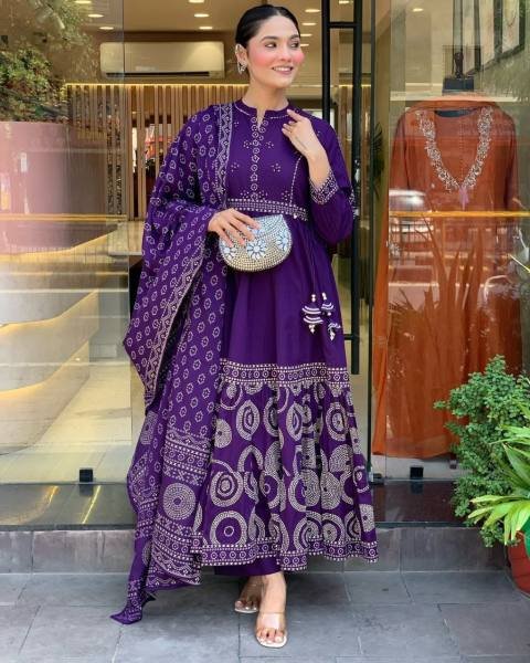Fabulous Purple Anarkali Muslin Cotton Kurti Set with Embroidery Work and Hand-Printed Dupatta 3 Piece Kurti Set