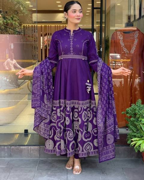 Fabulous Purple Anarkali Muslin Cotton Kurti Set with Embroidery Work and Hand-Printed Dupatta 3 Piece Kurti Set