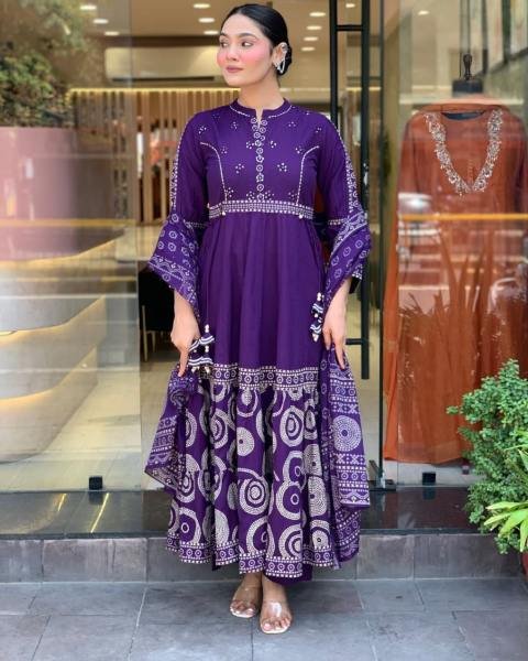 Fabulous Purple Anarkali Muslin Cotton Kurti Set with Embroidery Work and Hand-Printed Dupatta 3 Piece Kurti Set
