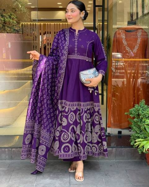 Fabulous Purple Anarkali Muslin Cotton Kurti Set with Embroidery Work and Hand-Printed Dupatta 3 Piece Kurti Set