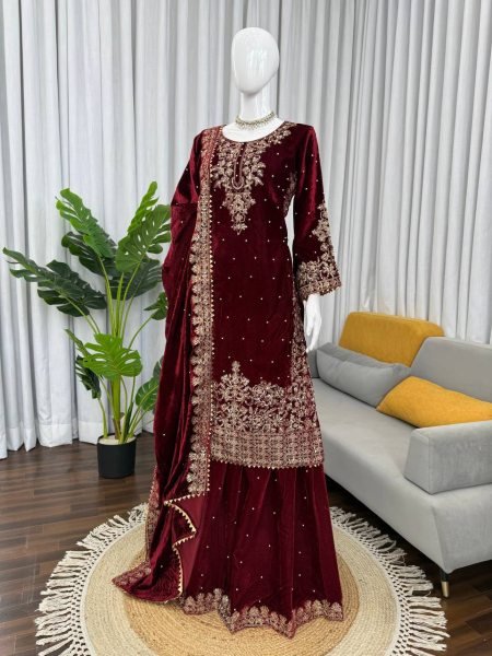 Fabulous Red Velvet Coding   Sequence Work Plazzo Set with Velvet Dupatta for Party Wear at Wholesale Rate  Ready To Wear Collection