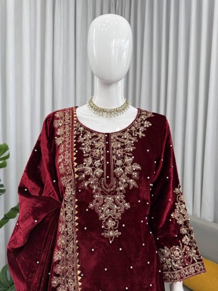 Fabulous Red Velvet Coding   Sequence Work Plazzo Set with Velvet Dupatta for Party Wear at Wholesale Rate  Ready To Wear Collection