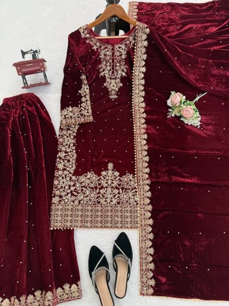 Fabulous Red Velvet Coding   Sequence Work Plazzo Set with Velvet Dupatta for Party Wear at Wholesale Rate  Ready To Wear Collection