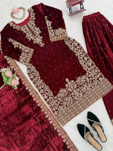 Fabulous Red Velvet Coding   Sequence Work Plazzo Set with Velvet Dupatta for Party Wear at Wholesale Rate  Ready To Wear Collection