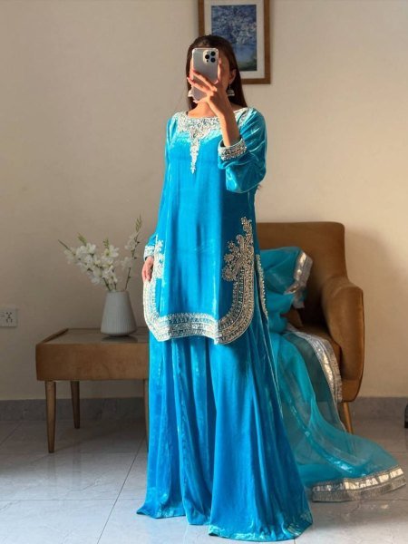 Fabulous Sky Blue Fully Stitched Velvet Suit Set with Net Dupatta for Reseller and Exporters 