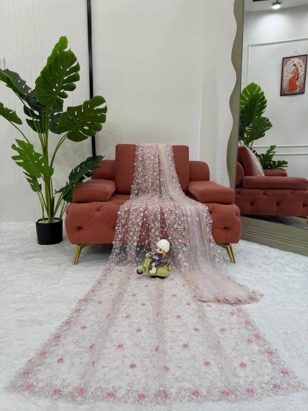 Fabulous Soft Net Embroidered Saree Set with Thread Work and Dupatta set Net Sarees Wholesale