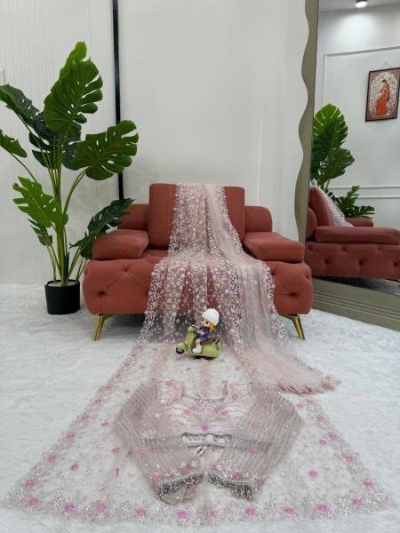 Fabulous Soft Net Embroidered Saree Set with Thread Work and Dupatta set Net Sarees Wholesale