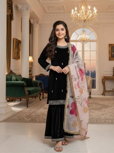 Fabulous Velvet Embroidered Sharara Set with Printed Organza Dupatta for Kids Wear Girls Wear