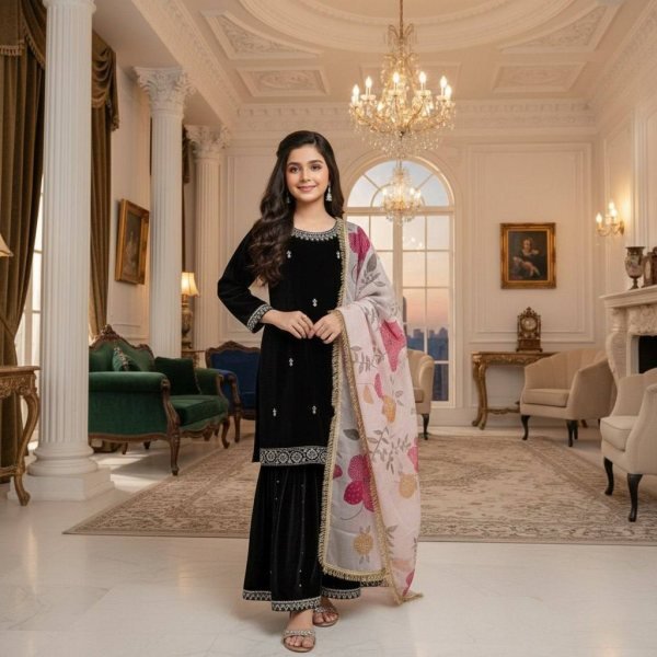 Fabulous Velvet Embroidered Sharara Set with Printed Organza Dupatta for Kids Wear Girls Wear