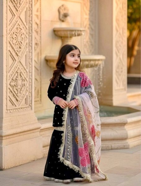Fabulous Velvet Embroidered Sharara Set with Printed Organza Dupatta for Kids Wear Girls Wear