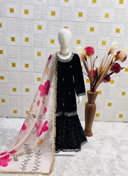Fabulous Velvet Embroidered Sharara Set with Printed Organza Dupatta for Kids Wear Girls Wear
