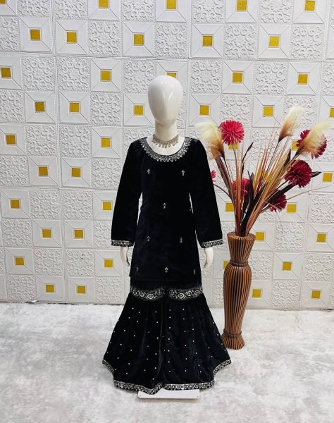 Fabulous Velvet Embroidered Sharara Set with Printed Organza Dupatta for Kids Wear Girls Wear