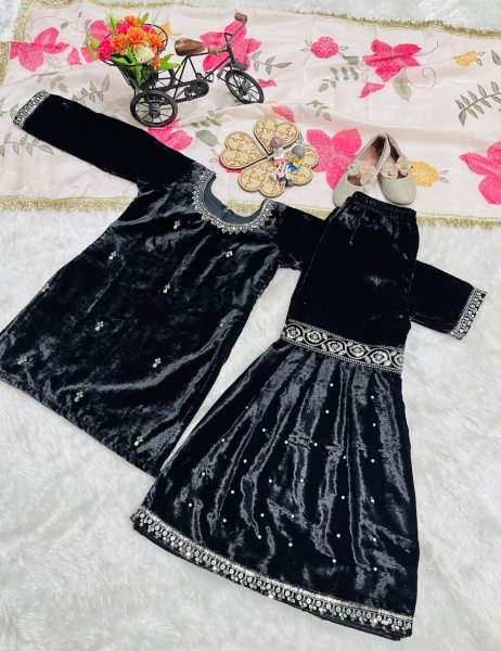 Fabulous Velvet Embroidered Sharara Set with Printed Organza Dupatta for Kids Wear Girls Wear