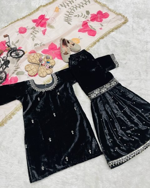 Fabulous Velvet Embroidered Sharara Set with Printed Organza Dupatta for Kids Wear Girls Wear
