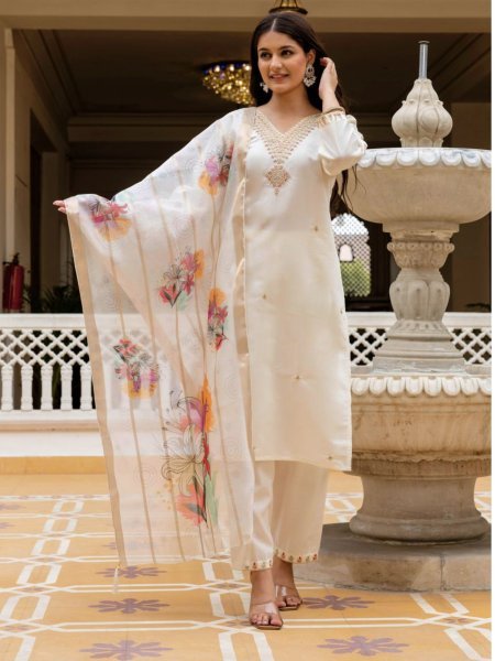 Fabulous White Fully Stitched Chanderi Suit Set with Organza Dupatta for Boutique Collection 3 Piece Kurti Set