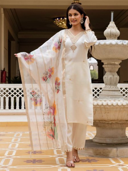 Fabulous White Fully Stitched Chanderi Suit Set with Organza Dupatta for Boutique Collection  Straight Cut Long Kurtis