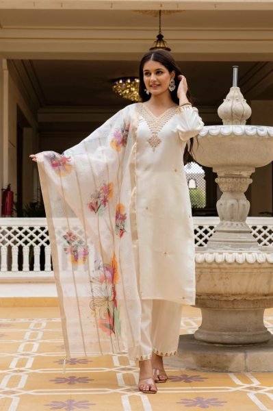 Fabulous White Fully Stitched Chanderi Suit Set with Organza Dupatta for Boutique Collection  Straight Cut Long Kurtis
