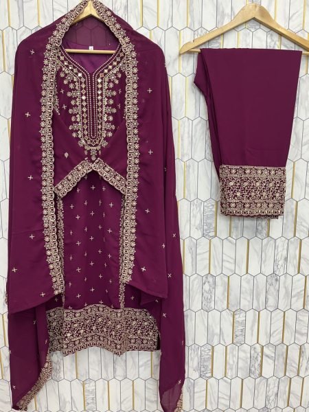 Fabulous Wine Fully Stitched Georgette Suit with Pant and Dupatta for Reseller at Wholesale Rate