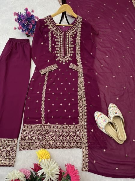Fabulous Wine Fully Stitched Georgette Suit with Pant and Dupatta for Reseller at Wholesale Rate Ready To Wear Collection