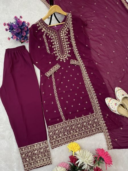 Fabulous Wine Fully Stitched Georgette Suit with Pant and Dupatta for Reseller at Wholesale Rate Ready To Wear Collection