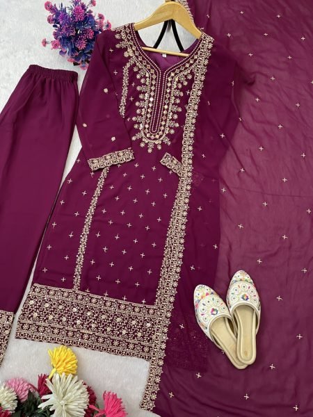 Fabulous Wine Fully Stitched Georgette Suit with Pant and Dupatta for Reseller at Wholesale Rate Ready To Wear Collection