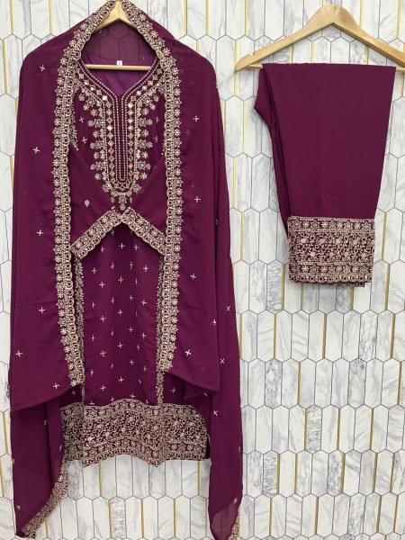 Fabulous Wine Fully Stitched Georgette Suit with Pant and Dupatta for Reseller at Wholesale Rate Ready To Wear Collection