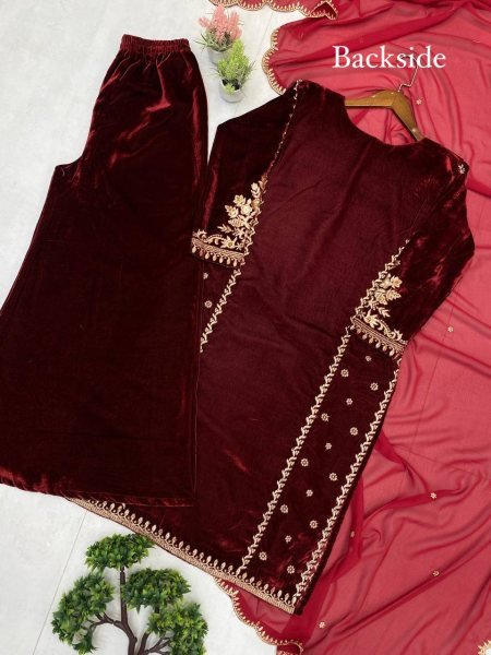 Fabulous Wine Velvet Embroidered Top with Free Size Plazzo   Georgette Dupatta For Winter Wear   Straight Cut Long Kurtis