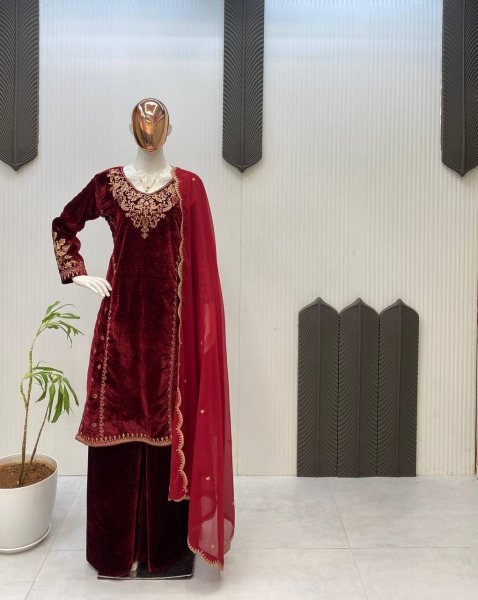 Fabulous Wine Velvet Embroidered Top with Free Size Plazzo   Georgette Dupatta For Winter Wear   Straight Cut Long Kurtis