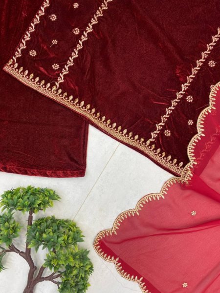 Fabulous Wine Velvet Embroidered Top with Free Size Plazzo   Georgette Dupatta For Winter Wear   Straight Cut Long Kurtis